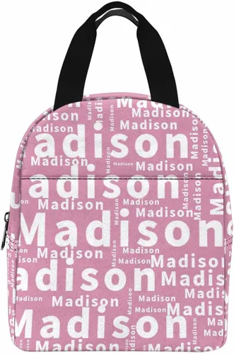Vista 13 de InterestPrint Bolsa de almuerzo con nombre personalizado para hombres y mujeres, color rosa, blanco y negro, con lunares personalizados, enfriador