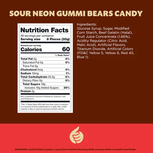 Vista 2 de Neon Sour Gummi Bears, caramelo de goma, sabor a fruta, bolsa de 2 libras Gomitas ácidas, caramelos masticables, snack nocturno de cine