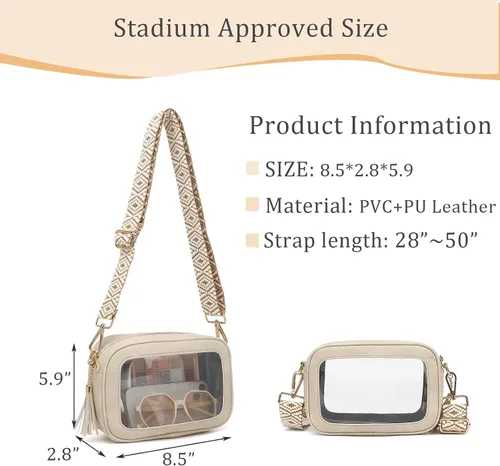 Vista 4 de FAIME Bolsa transparente para eventos de estadio, bonitos monederos transparentes para mujer, bolsa cruzada transpartente con correa para guitarra