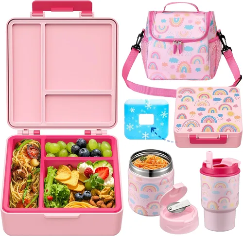 Vista 9 de Lonchera Bento para niños con termo de sopa de 17 onzas, botella de agua aislada y bolsa de almuerzo aislada, a prueba de fugas, contenedor