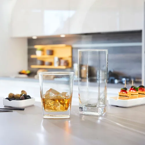 Vista 4 de Juego de 8 Vasos para Beber de Uso Diario, Cristalería de Cocina para Cóctel, Café Helado, Cerveza, Té Helado, Vino, Whisky, Agua, 4 Vasos Altos