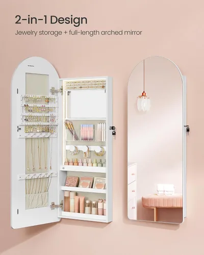 Vista 4 de SONGMICS Organizador ancho de joyas, armario LED para joyas montado en la pared/puerta, espejo arqueado con almacenamiento, con cerradura, esquina