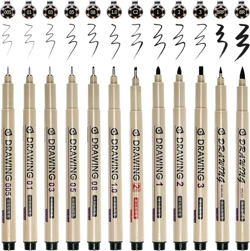 Vista 2 de Fineliner - Juego de 12 bolígrafos negros, bolígrafos de dibujo técnico para artistas, bolígrafos de caligrafía sin sangrado, pincel de tinta