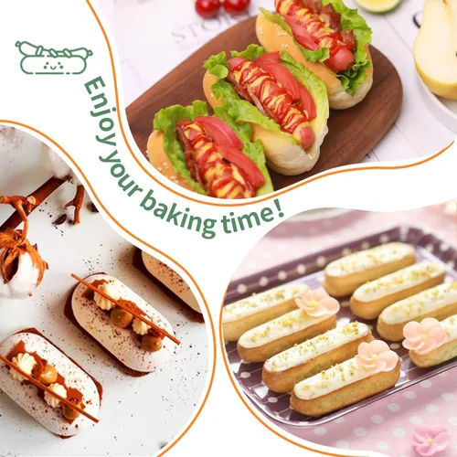 Vista 6 de QELEG 2 piezas de molde para tartas Twinkie, molde antiadherente de silicona para bollos para perros calientes para hornear cocina