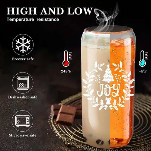 Vista 3 de meekoo 8 vasos de Navidad a granel, vasos de vidrio de Navidad de 16 onzas con tapas y pajitas, vasos de Navidad transparentes para café helado