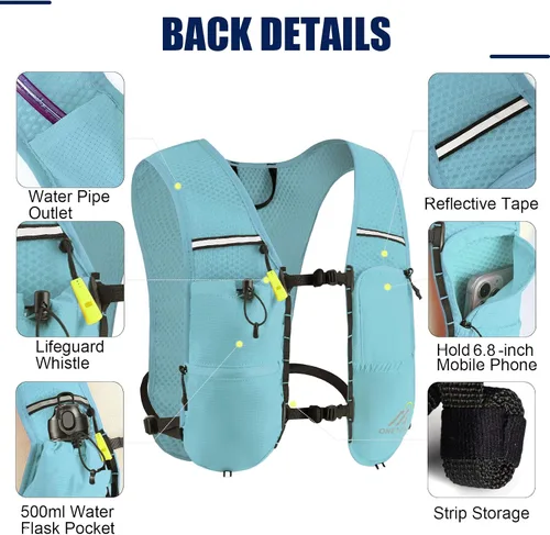 Vista 3 de Chaleco de correr para mujeres y hombres, mochila de hidratación de 6L con vejiga de agua de 2L, mochila de agua ligera para trail running, maratón