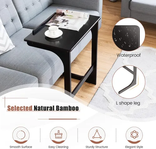 Vista 6 de Mesa auxiliar de bambú para sofá, mesa de TV ajustable en forma de C con mesa ajustable de 7 ángulos y tapón, escritorio portátil para computadora