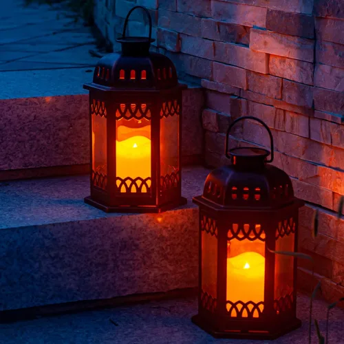 Vista 7 de Paquete de 2 faroles solares de bronce, faroles colgantes retro ornamentados con asa, linterna para exteriores con vela LED parpadeante, 6.60 x 6.60