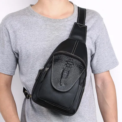 Vista 7 de Bolso bandolera de cuero genuino para hombres y mujeres, mochila en el pecho, bandolera, casual, al aire libre