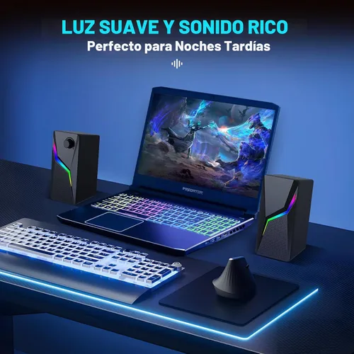 Vista 5 de Altavoces de computadora para PC de escritorio, alimentados por USB con conexión AUX, 6 modos de iluminación RGB, control de perilla de volumen