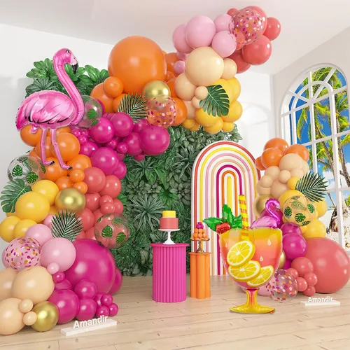 Vista 15 de Amandir Kit de guirnalda de arco de globos tropicales de 165 piezas, azul aguamarina, coral, rojo, rubor, verde pastel, globos de coco, hojas