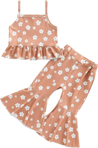 Vista 8 de Ropa de verano para bebé niña, sin mangas, estampado floral, correa acanalada, parte superior acampanada, pantalones de 2 piezas