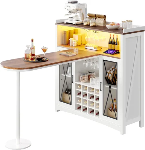 Vista 7 de YITAHOME Mini unidad de bar para el hogar con luz LED y gabinete de bar de vino, mesa de bar grande de altura alta con estante para vinos, estación