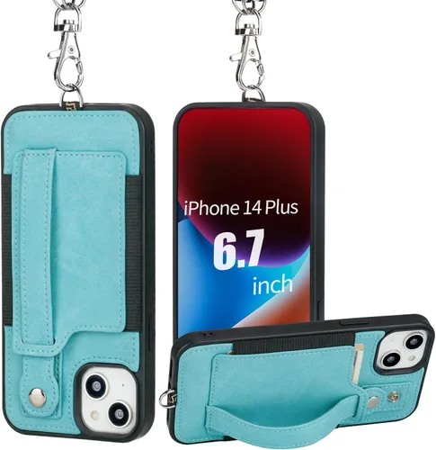 Vista 24 de TOOVREN Funda para teléfono compatible con iPhone 14 Plus, compatible con iPhone 14 Plus, funda con correa para tarjetero, cordón de cuero para Negro