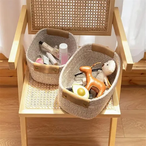 Vista 4 de Cesta de cuerda en espiral de algodón con asas, cesta tejida para almacenamiento de guardería, cesta de almacenamiento decorativa, cesta de toalla