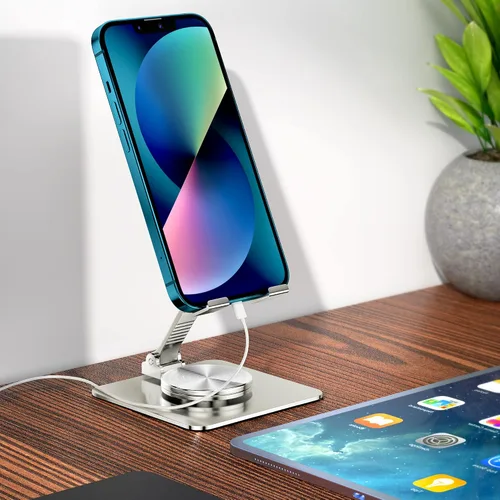 Vista 5 de Soporte de teléfono plegable giratorio para escritorio, soporte de escritorio totalmente ajustable compatible con iPhone 14, 13, 12, 11 Pro Max Xr