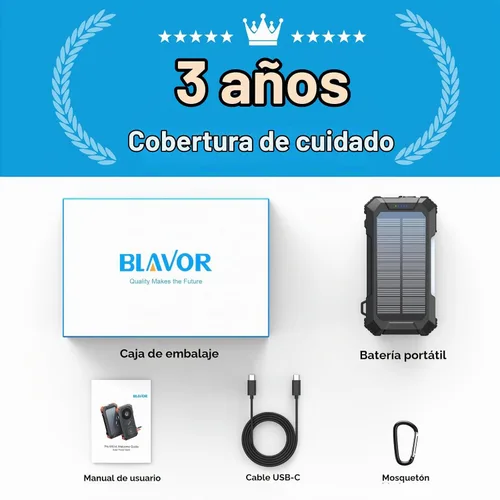Vista 8 de BLAVOR Banco de energía solar Cable retráctil incorporado 20000mAh Negro