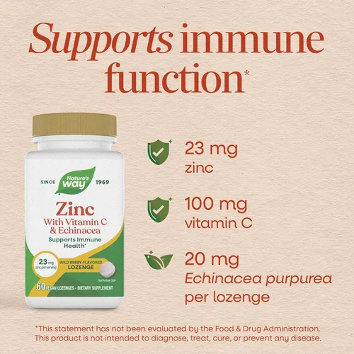 Vista 3 de Pastillas de Zinc de Nature's Way con Vitamina C y Equinácea, Suplementos de Zinc para Hombres y Mujeres, Apoyo Inmunológico*, Sabor a Bayas