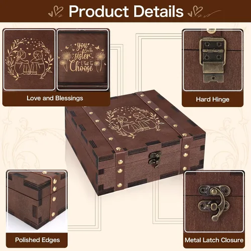 Vista 4 de MACEVIA Caja de Recuerdos de la Amistad, Pequeña Caja de Memoria de Madera para Hermanas, Eres La Hermana Que Pude Elegir - Mini Cajas Grabadas 02