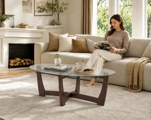 Vista 6 de Mesa de centro ovalada de vidrio de 48 pulgadas con cruz de vidrio templado y base de madera maciza, mesa central simple y moderna para sala