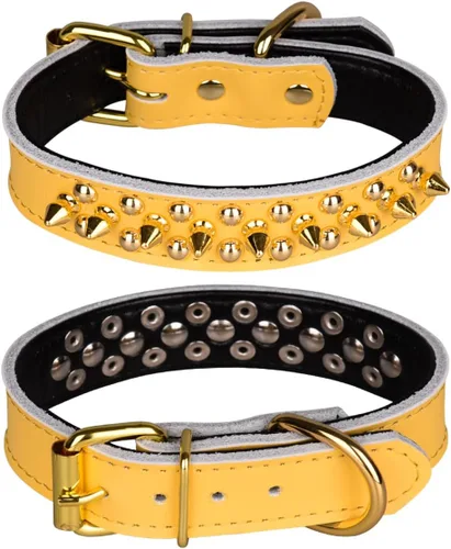 Vista 4 de Collar de perro con tachuelas, collar de perro de cuero genuino, collares ajustables para mascotas pequeñas o medianas (S, negro-1)