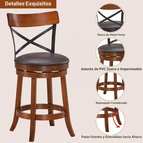 Vista 4 de COSTWAY Juego de 2 taburetes de bar giratorios de madera maciza de 360 grados con cojín suave y respaldo, taburetes de bar de cocina de 25 pulgadas