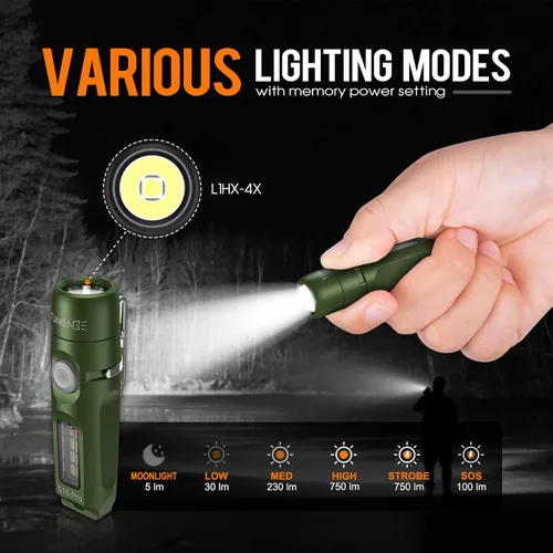 Vista 8 de S15Pro - Linterna de llavero recargable (negro y verde) de 750 lúmenes altos, linterna de bolsillo EDC con clip, mini luz COB multifunción