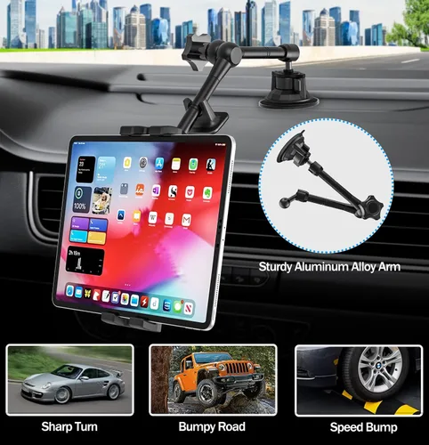 Vista 3 de Soporte para tablet de coche/camión para parabrisas de salpicadero, soporte de iPad de succión resistente con brazo de metal para tabletas