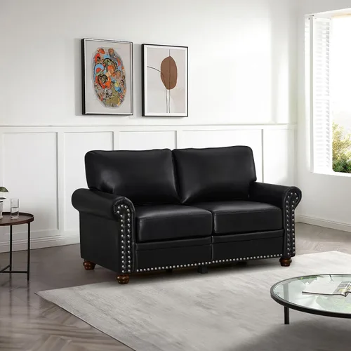 Vista 18 de Antetek Juego de sofá de piel sintética de 3 piezas, sillón moderno de mediados de siglo+sofá biplaza+sofá de 3 plazas con espacio de Marrón
