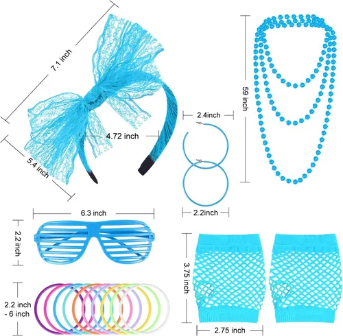 Vista 4 de 80s Fancy Dress Accessories Lace Headband Earrings Fishnet Gloves Necklace Bracelet for 80s Retro Party Costumes