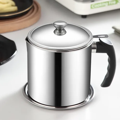 Vista 5 de Contenedor de grasa con filtro de malla fina olla tanque de almacenamiento de aceite de cocina (1.8 L plateado)