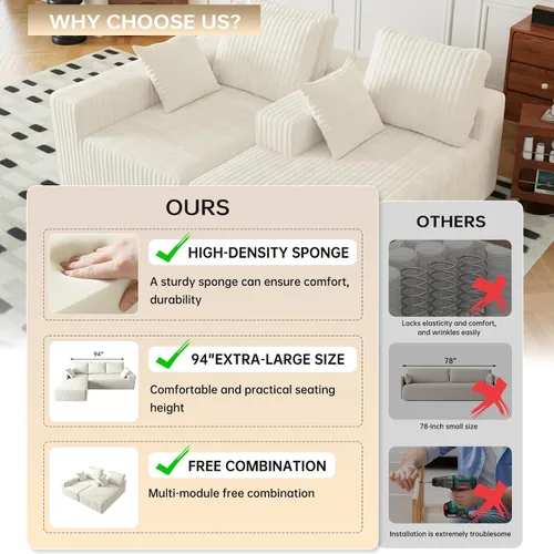 Vista 8 de Cloud - Sofá modular en forma de L con asiento profundo, de espuma viscoelástica comprimida de 3 plazas para sala de estar, sofá modular