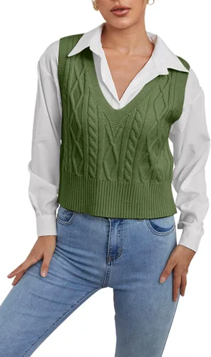 Vista 3 de Aoysky Suéter chaleco con cuello en V para mujer, sin mangas, suéter de punto trenzado, color sólido, sin mangas, ajuste holgado