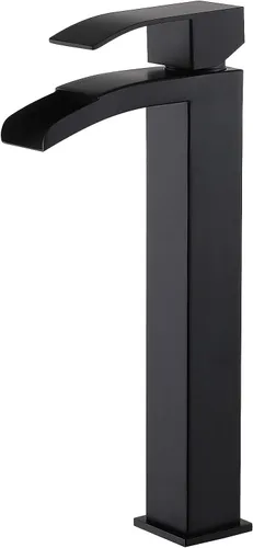 Vista 8 de VCCUCINE - Grifo de lavabo negro de un solo agujero, cascada de un solo agujero, grifo de baño, grifos altos para lavabo con drenaje desplegable
