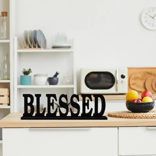 Vista 5 de E-view Letrero familiar de madera para decoración del hogar, letras decorativas, placa de palabras de mesa, detalles de decoración del hogar