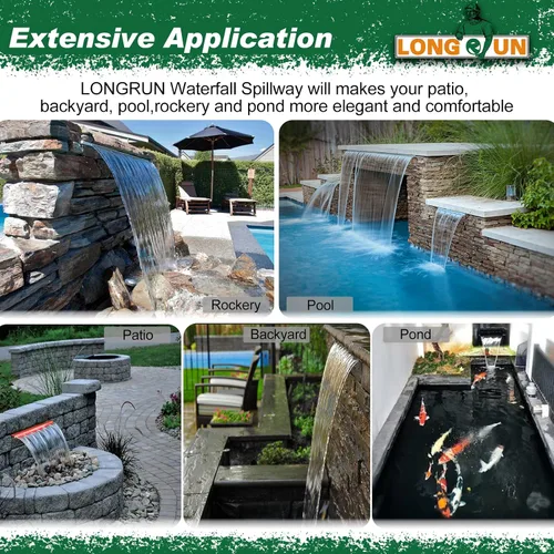 Vista 6 de Fuente de piscina al aire libre LONGRUN con control de aplicación, desagüe de cascada, luz LED multicolor, kit de fuentes de cascada de agua Gris