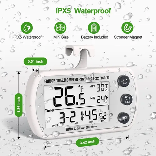 Vista 11 de Termómetro digital para refrigerador, paquete de 2, termómetro impermeable para refrigerador, termómetro congelador de pantalla grande de 2.25 Blanco