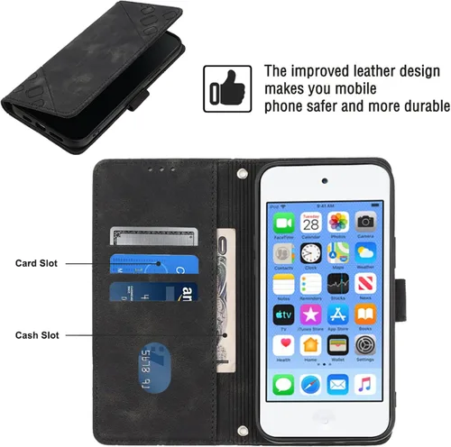 Vista 4 de LEMAXELERS Funda para iPod Touch 5, iPod Touch 7 Wallet Funda para teléfono con [tarjetero de crédito] Textura de sangría PU Flip Funda de cuero