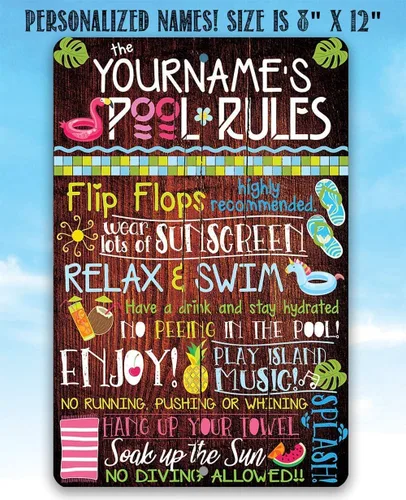 Vista 6 de Letreros personalizados de reglas de la piscina, letreros de metal para decoración de piscina exterior divertida - Arte de pared para decoración