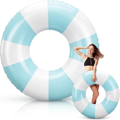 Vista 18 de Foilswirl Flotadores inflables jumbo de 47.24 pulgadas para piscina, anillos de piscina a rayas azules y blancas, tubo inflable para mujeres