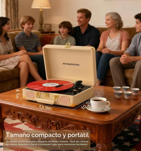 Vista 5 de Tocadiscos Bluetooth, tocadiscos portátil de 3 velocidades, dorado