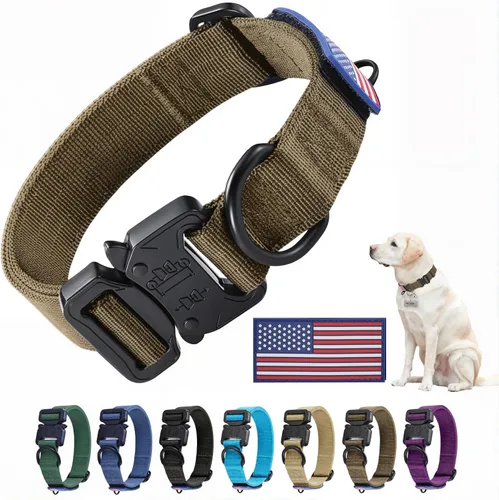 Vista 7 de Collar Táctico de Servicio Pesado para Perro Ajustable de Nailon para Mascotas Hebilla de Liberación Rápida con 2 Anillos en D con Parche para Negro