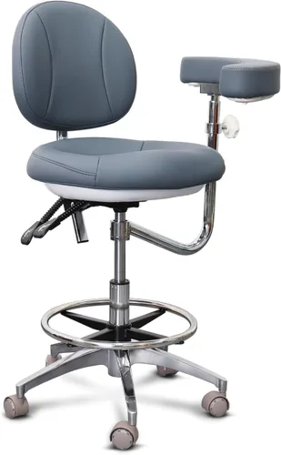 Vista 9 de Taburete redondo con ruedas y asientos divididos y reposapiés Silla dental con reposabrazos giratorios para dentista, oficina, tienda en casa