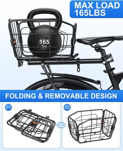 Vista 3 de Cesta trasera para bicicleta, estante de carga de aluminio para bicicleta, cesta de bicicleta de capacidad de 22 litros, plegable y extraíble