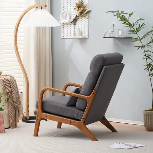 Vista 5 de SSLine Sillón tapizado moderno de tela de lino suave con almohada y marco de madera de roble, cómodo sofá individual con respaldo alto, silla