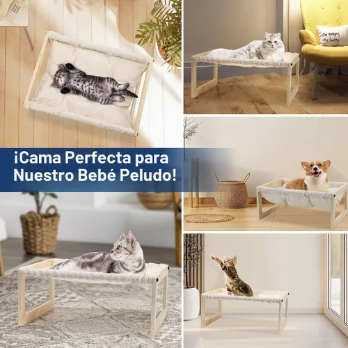 Vista 6 de Cama elevada para gatos, hamaca de madera para gatos con cojín lavable