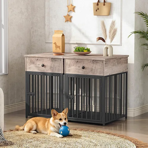 Vista 4 de HOOBRO Muebles de jaula para perros, casa de madera para perros, perrera decorativa con cajón, mesa auxiliar de jaula de interior para perros
