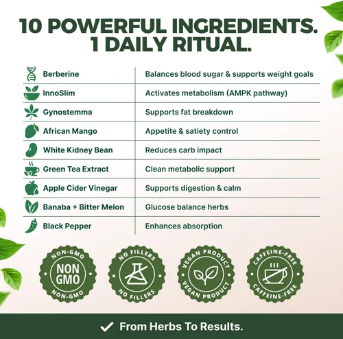 Vista 3 de Serene Herbs Suplemento GLP-1 para Mujeres y Hombres - Reinicio Metabólico, Apoyo para el Hambre con Berberina, InnoSlim, Actiponin - Potenciador