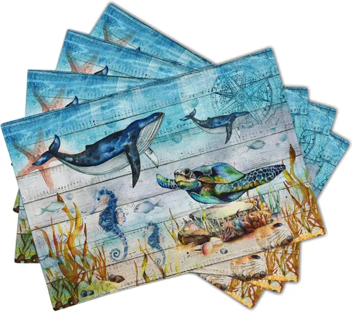 Vista 2 de Giwawa Sea Life - Juego de 4 manteles individuales - Tortuga marina, caballito de mar, ballena, animales del océano - Manteles individuales