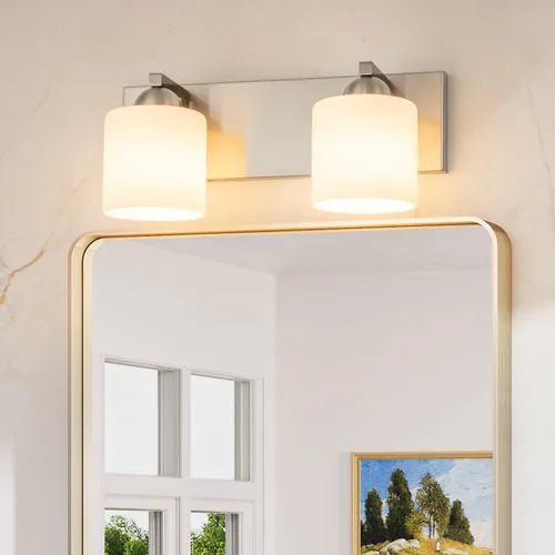 Vista 11 de mirrea Lámpara de tocador negra de 1 luz para espejo, aplique de pared de baño con pantallas de vidrio blanco esmerilado